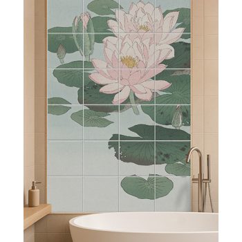 Tile mural with water lilies and lily pads in Japanese style